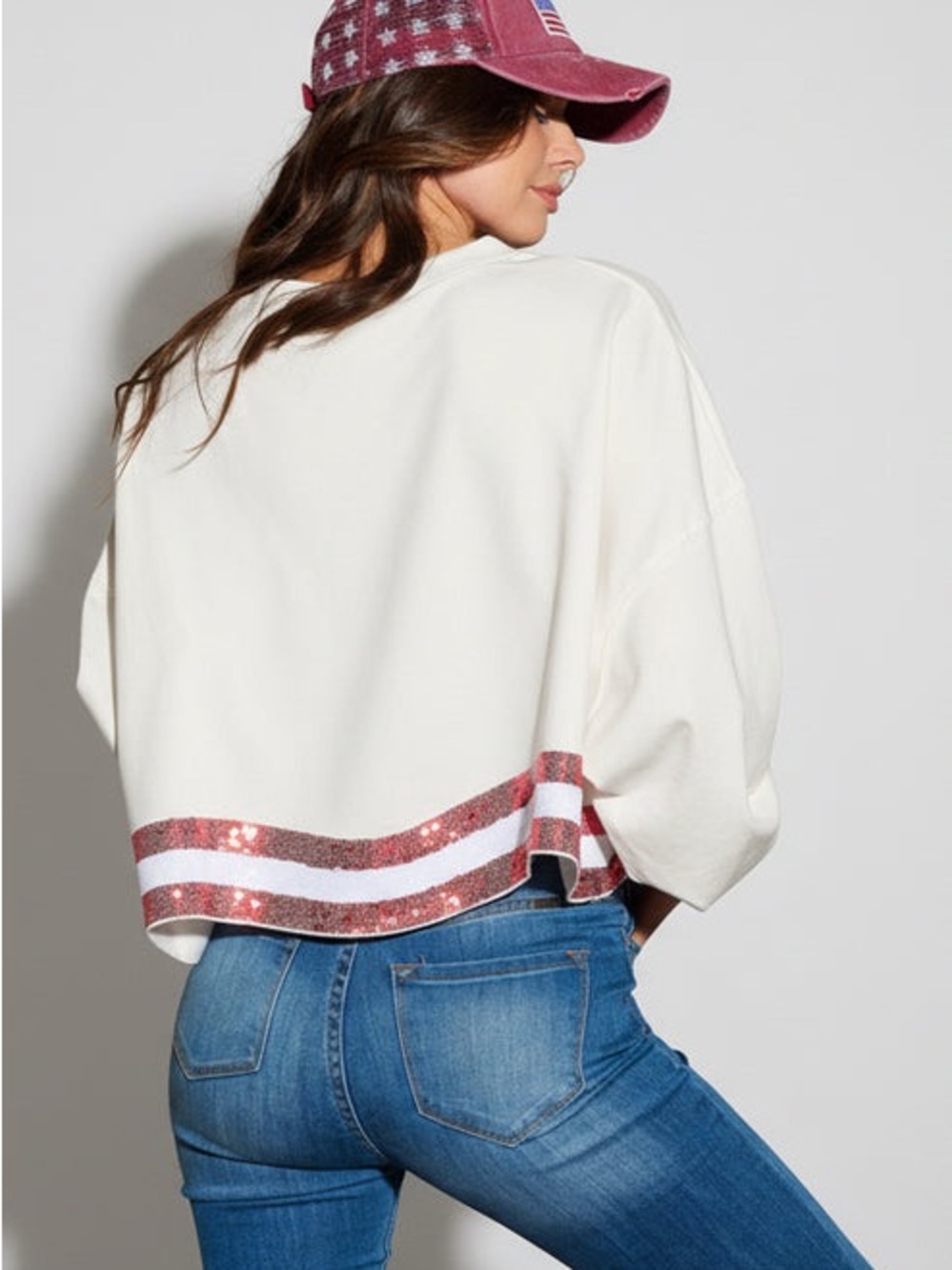 THE AMERICANA CREW LONG SLEEVE SEQUIN CROP PULLOVER SWEATER
White - Picture 4 of 10